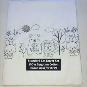 Standard Cot Duvet Set 100% Egyptian Cotton (white with charcoal embroidery animals)