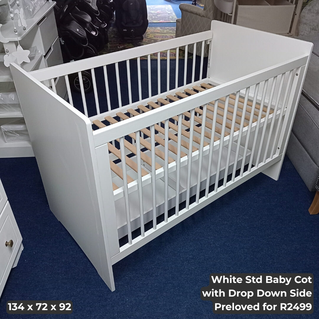White Std Baby Cot with Drop Down Side