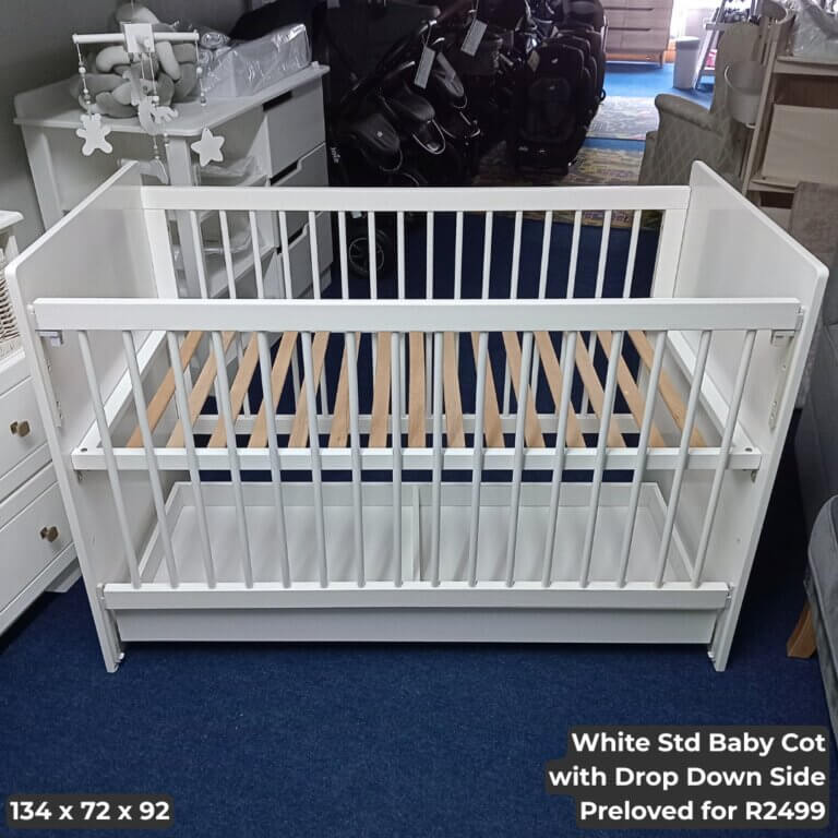 White Std Baby Cot with Drop Down Side