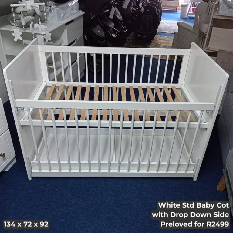 White Std Baby Cot with Drop Down Side