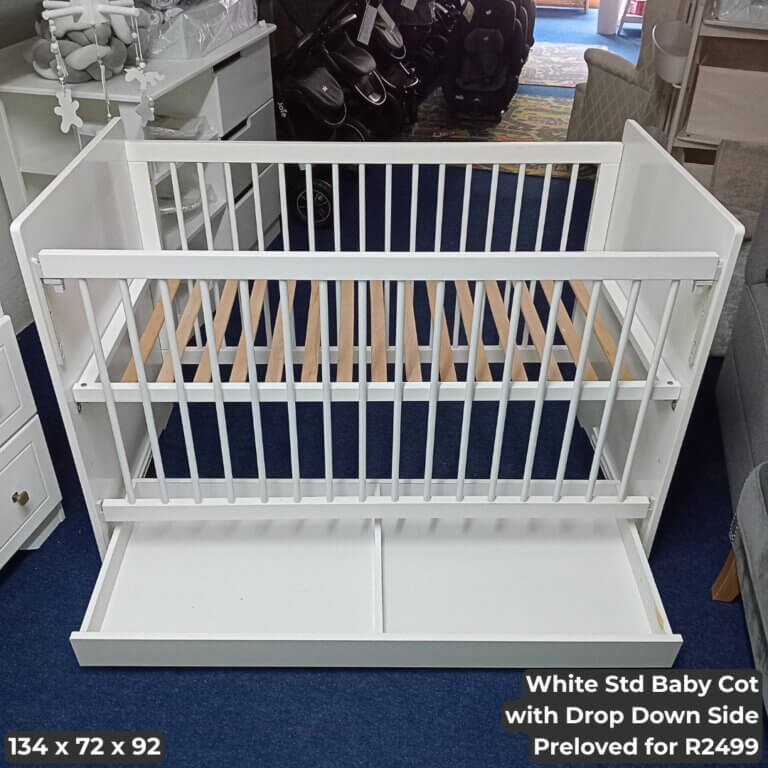 White Std Baby Cot with Drop Down Side